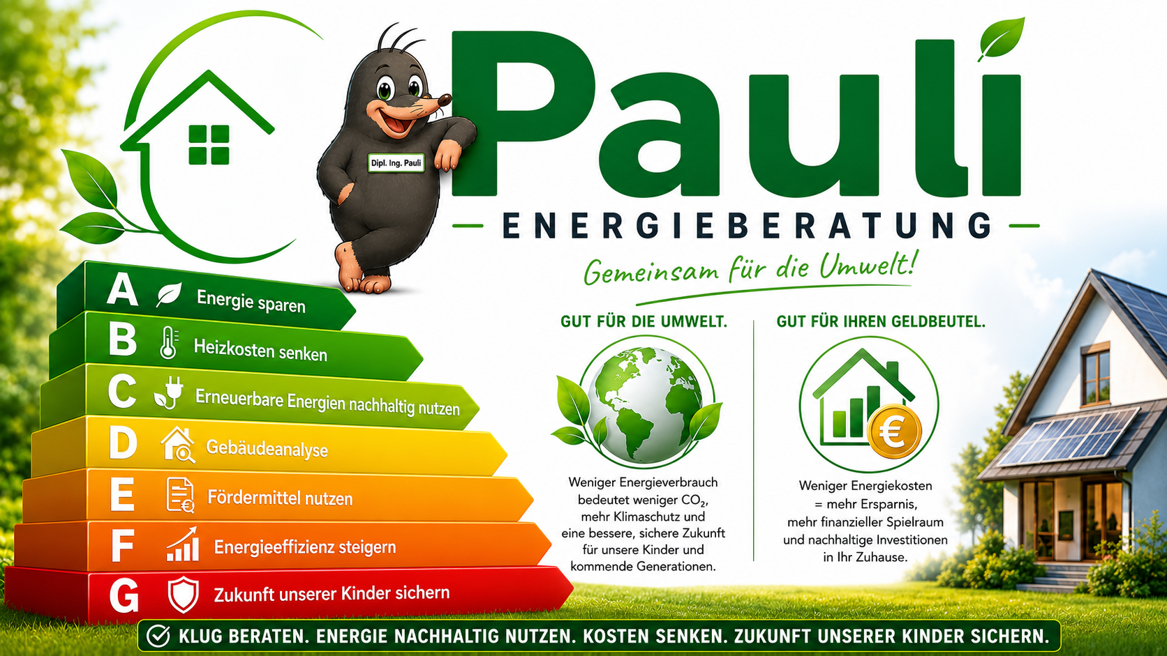 Pauli Energieberatung mit Maulwurf, Effizienz-Treppe und Aussagen zu Umwelt und Geldersparnis
